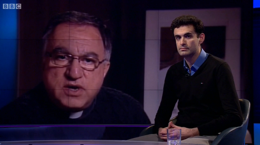 Fr Tom Rosica and abuse victim Miguel Hurtado on BBC's Newsnight
