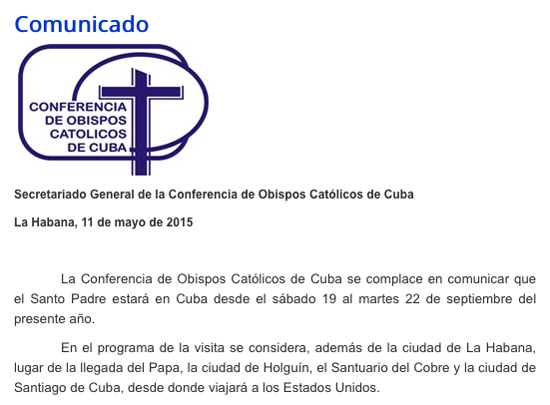 Cuba bishops announce papal visit