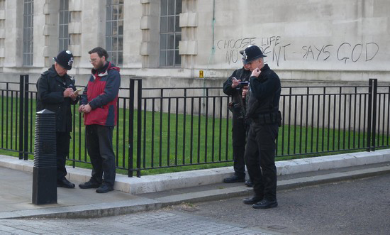 Fr Martin Newell protesting outside Ministry of Defence