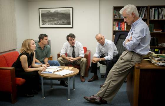 From left: Rachel McAdams, Mark Ruffalo, Brian Darcy James, Michael Keaton and John Slattery in the film Spotlight, which was released in the US last week