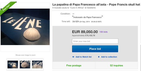 Pope Francis' skull cap on eBay