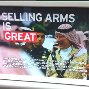 Guerrilla adverts highlight arms trade in London today