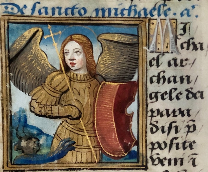 How St Michael the psychopomp swats the buzzing demons  of evil with his mighty sword of justice 