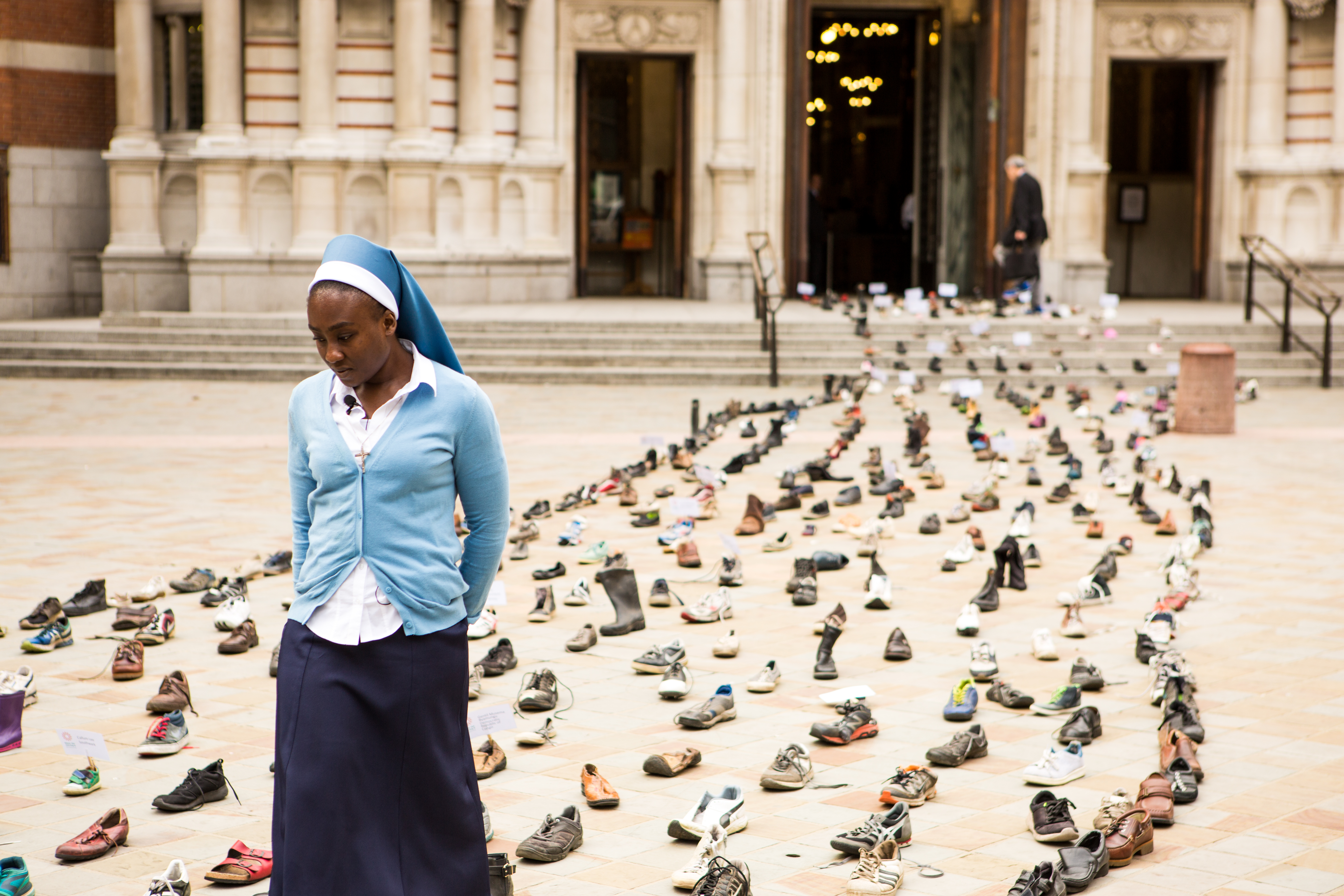 Plight of refugees illustrated by hundreds of shoes outside cathedral 