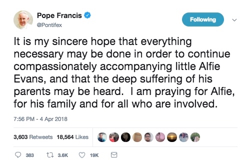 Pope Alfie Evans tweet