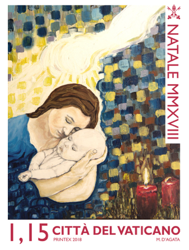  An image of Mary holding the child Jesus is featured on one of the Vatican's 2018 Christmas stamps