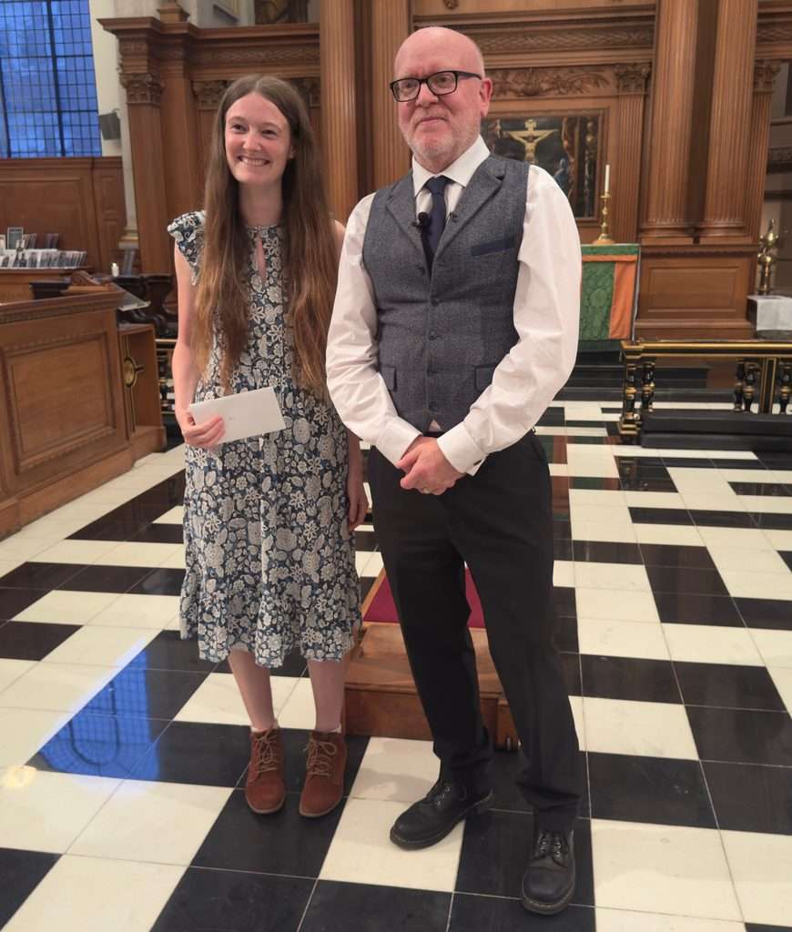 Aili Winstanley Channer, Charles Plater Trust intern at The Tablet, was presented with the Religion Media Centre Young Reporter award at St Bride’s Fleet Street by Michael Wakelin, chair of the centre. Photo by Ruth Gledhill